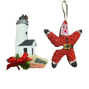 Two Christmas Ornaments Lighthouse and‎ Handmade Red Starfish